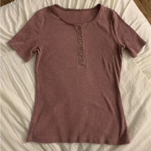 Women’s Pink Short 1/4 Sleeve Shirt Ribbed Buttons Large